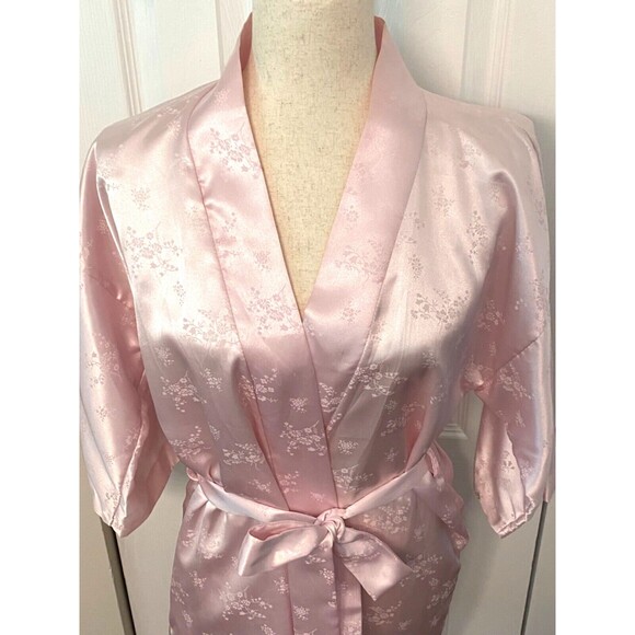 Vtg Frost Bros PINK Floral SATIN House Coat ROBE Short Mini Size Petite Small - Picture 2 of 8